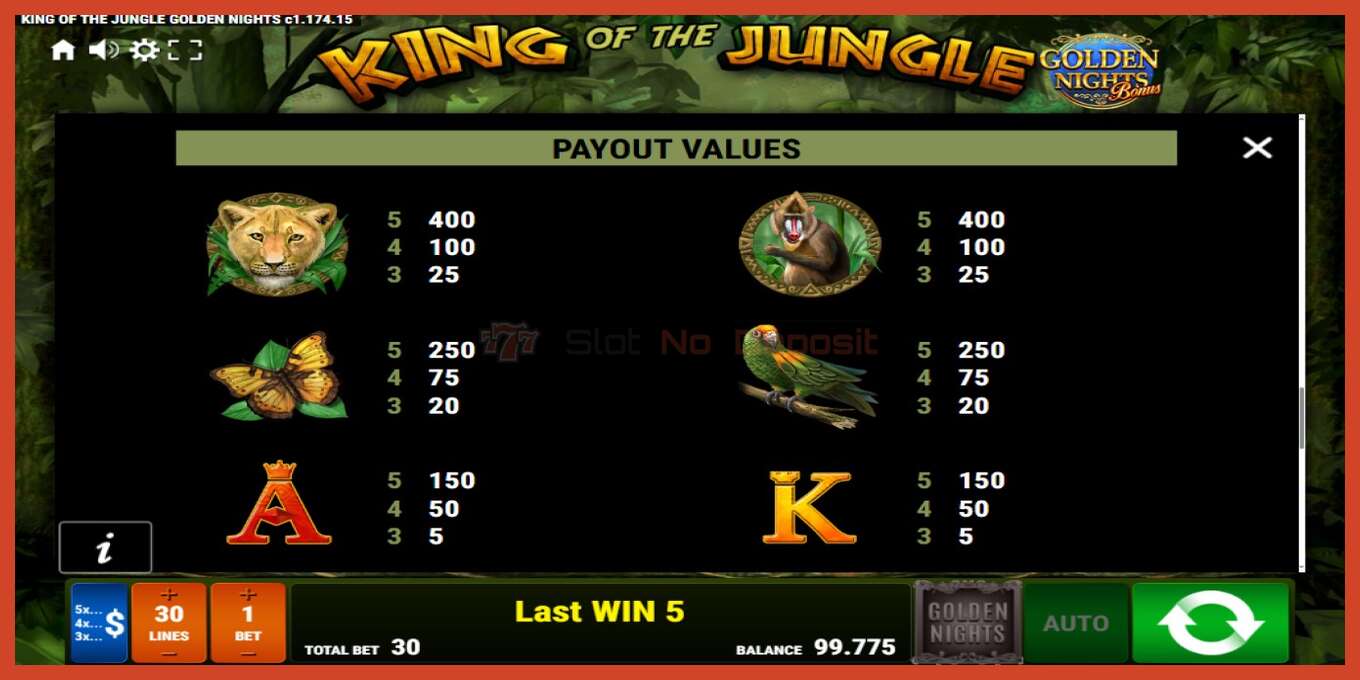 Slot screenshot: King of the Jungle Golden Nights no deposit, number - 7