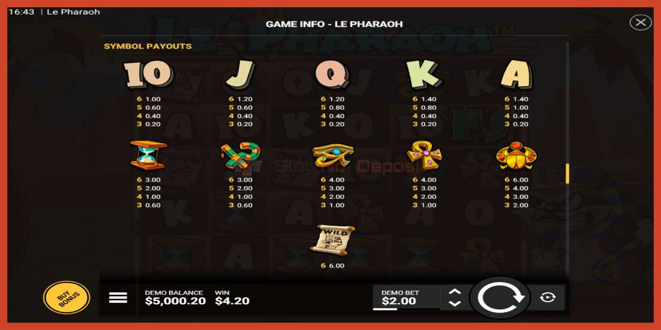 Slot screenshot: Le Pharaoh no deposit, number - 6