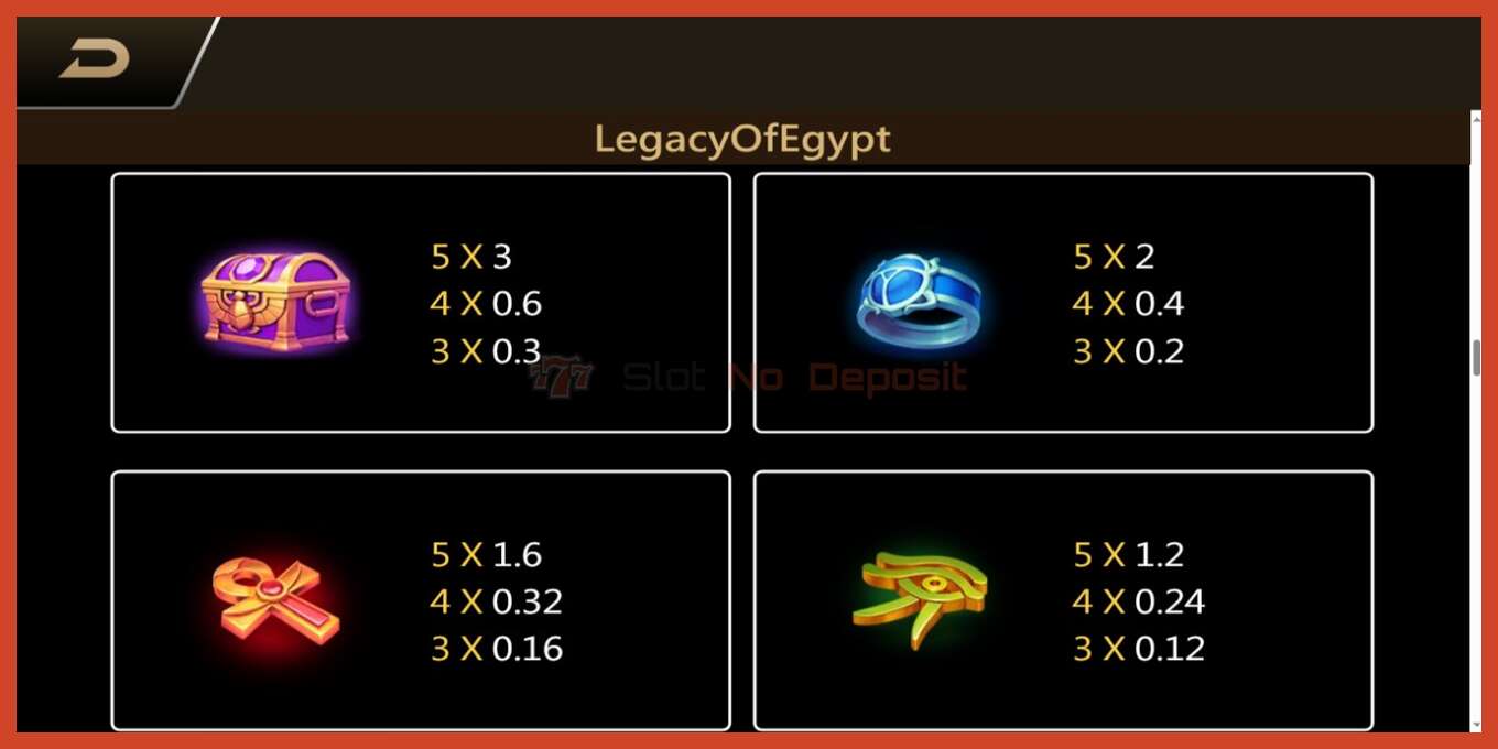 ภาพหน้าจอของสล็อต: Legacy of Egypt ไม่มีเงินฝาก, ตัวเลข - 6