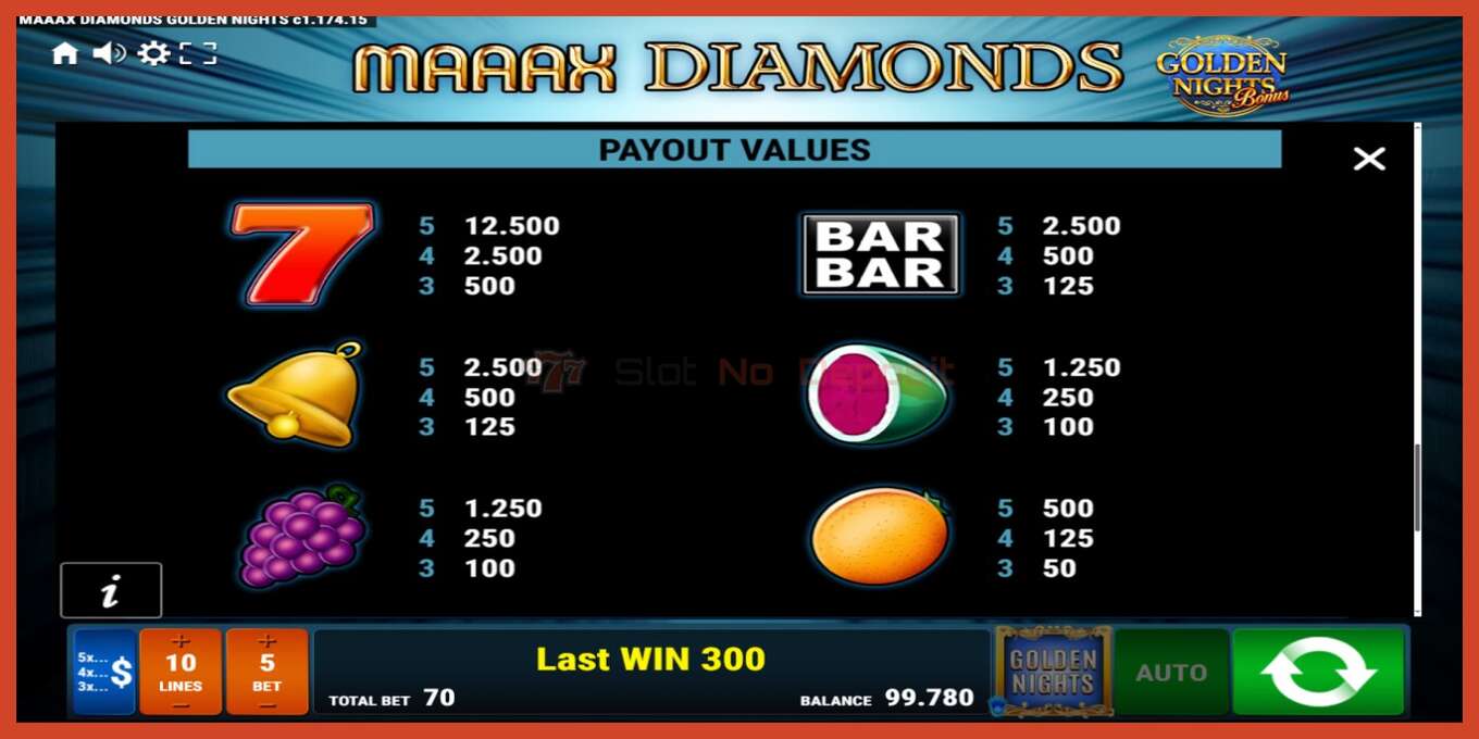 Slot screenshot: Maaax Diamonds Golden Nights no deposit, number - 7