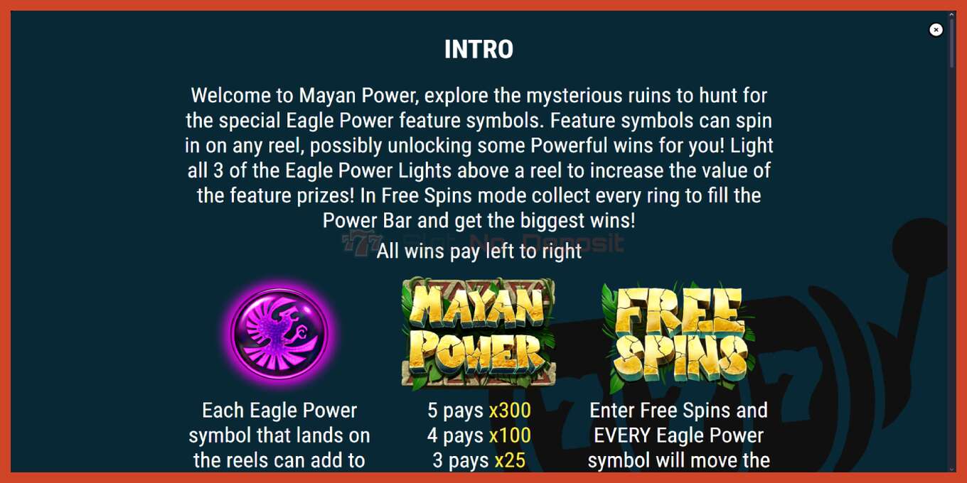 Tangkapan skrin slot: Mayan Power tiada deposit, nombor - 5