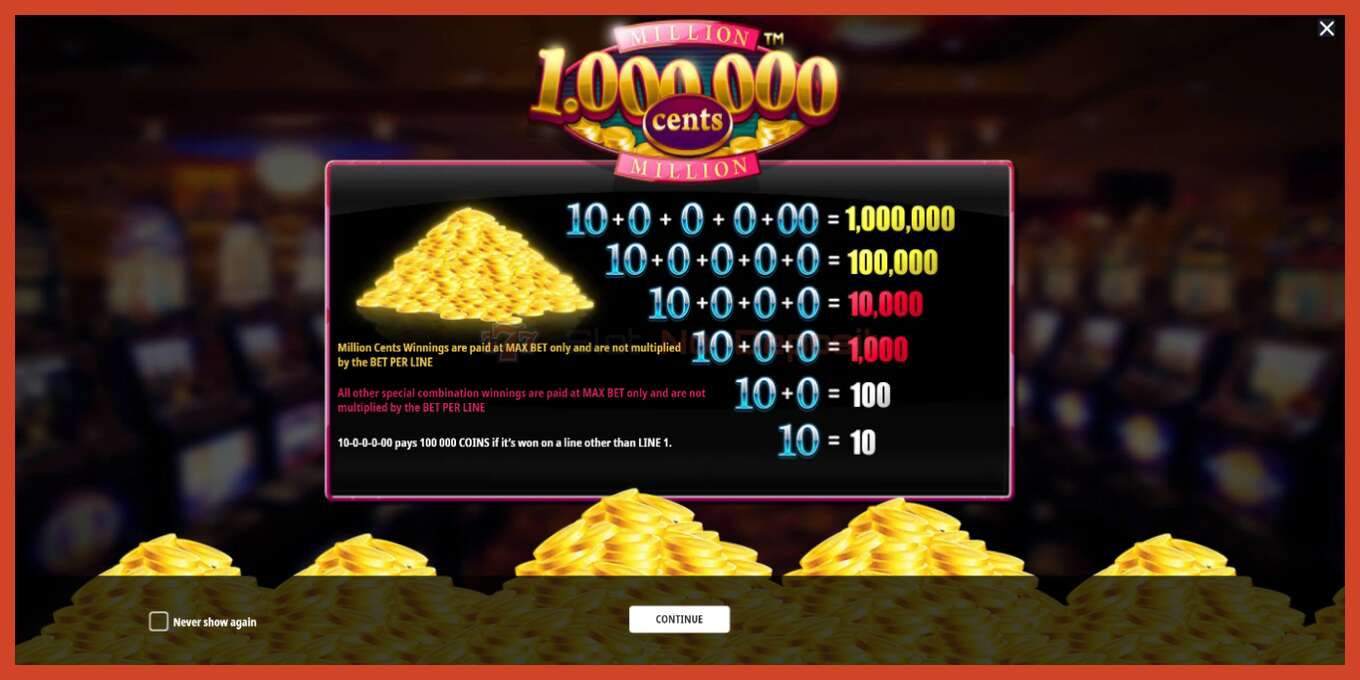 Slot screenshot: Million Cents no deposit, number - 1