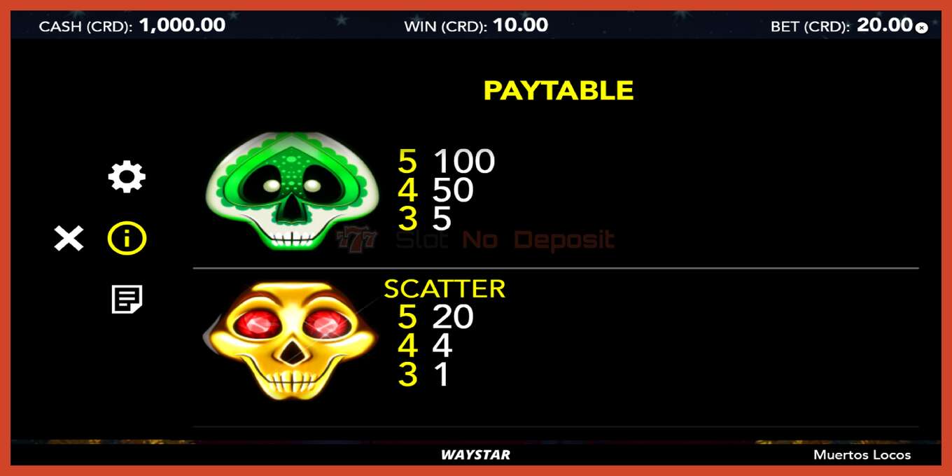 Slot скриншоту: Muertos Locos депозит жок, саны - 6