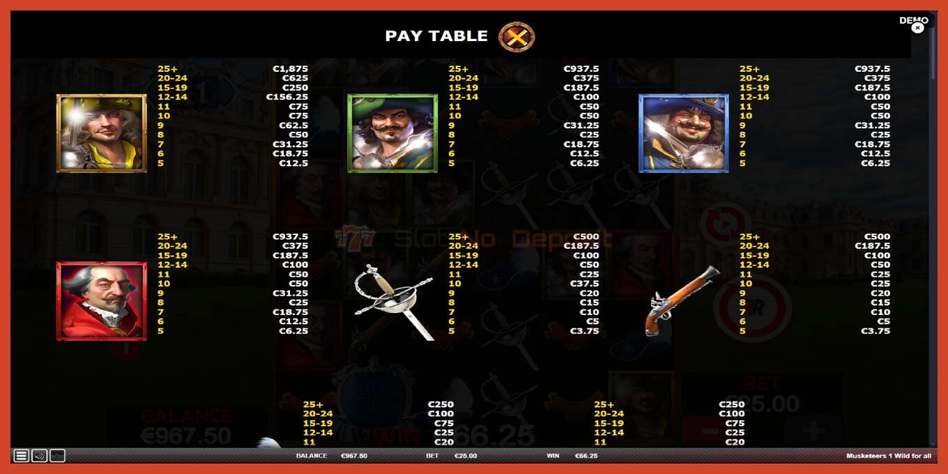 Slot screenshot: Musketeers 1 Wild for All no deposit, number - 5