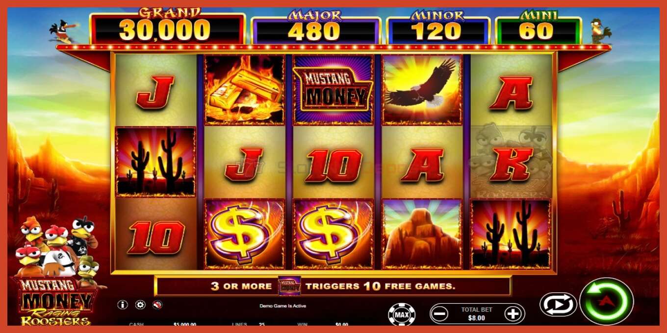 Slot screenshot: Mustang Money Raging Roosters no deposit, number - 1