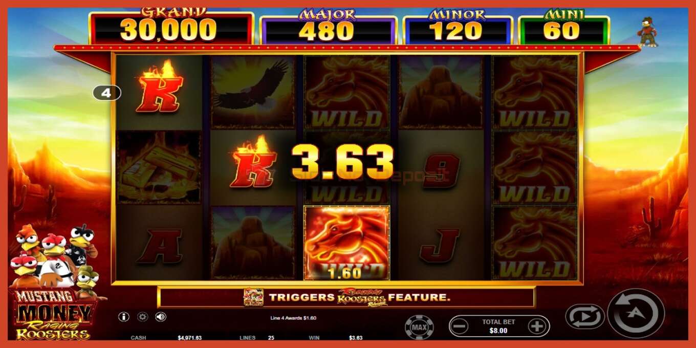 Slot screenshot: Mustang Money Raging Roosters no deposit, number - 3