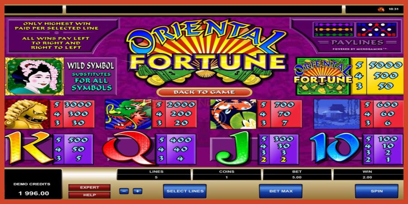 Slot screenshot: Oriental Fortune no deposit, number - 5