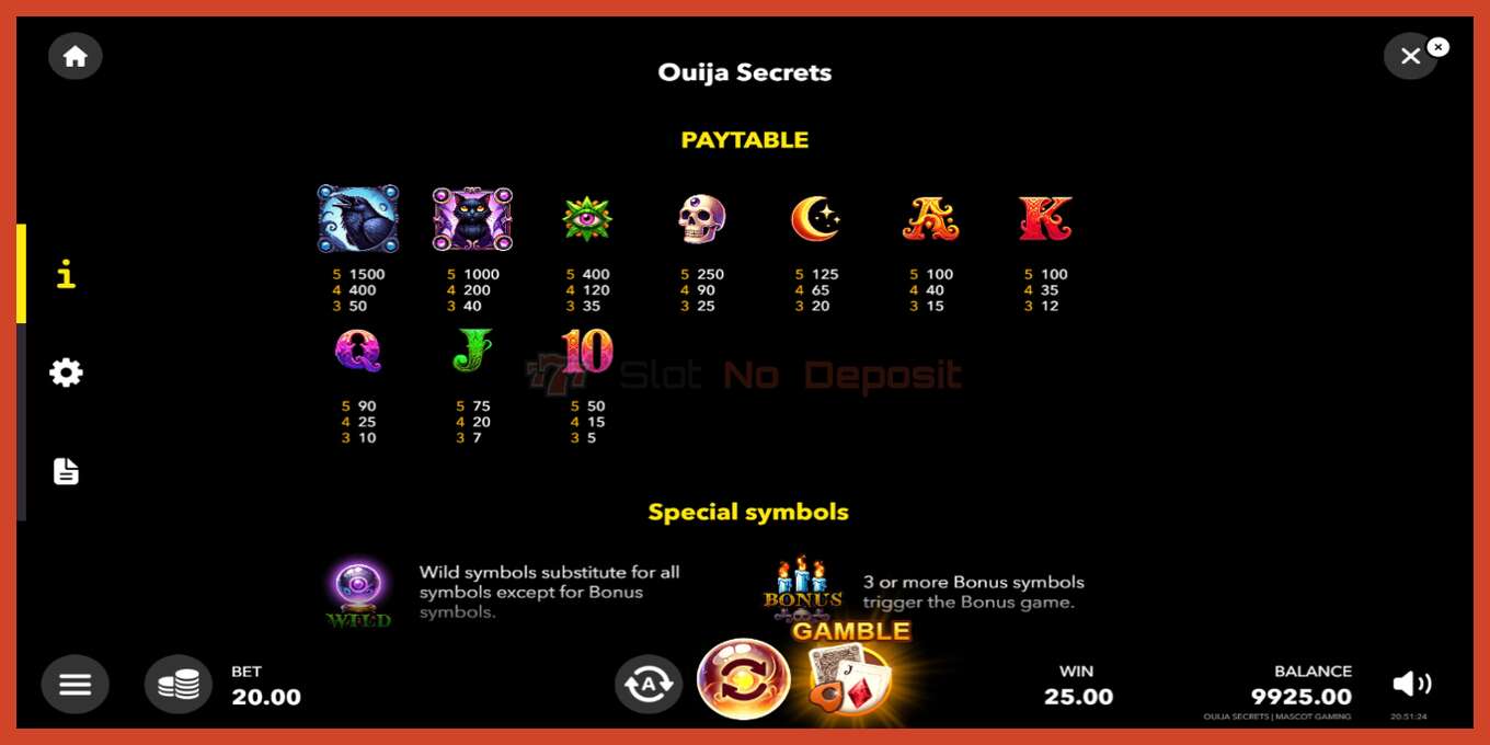 Slot තිර රුවක්: Ouija Secrets තැන්පතු නැත, අංකය - 5