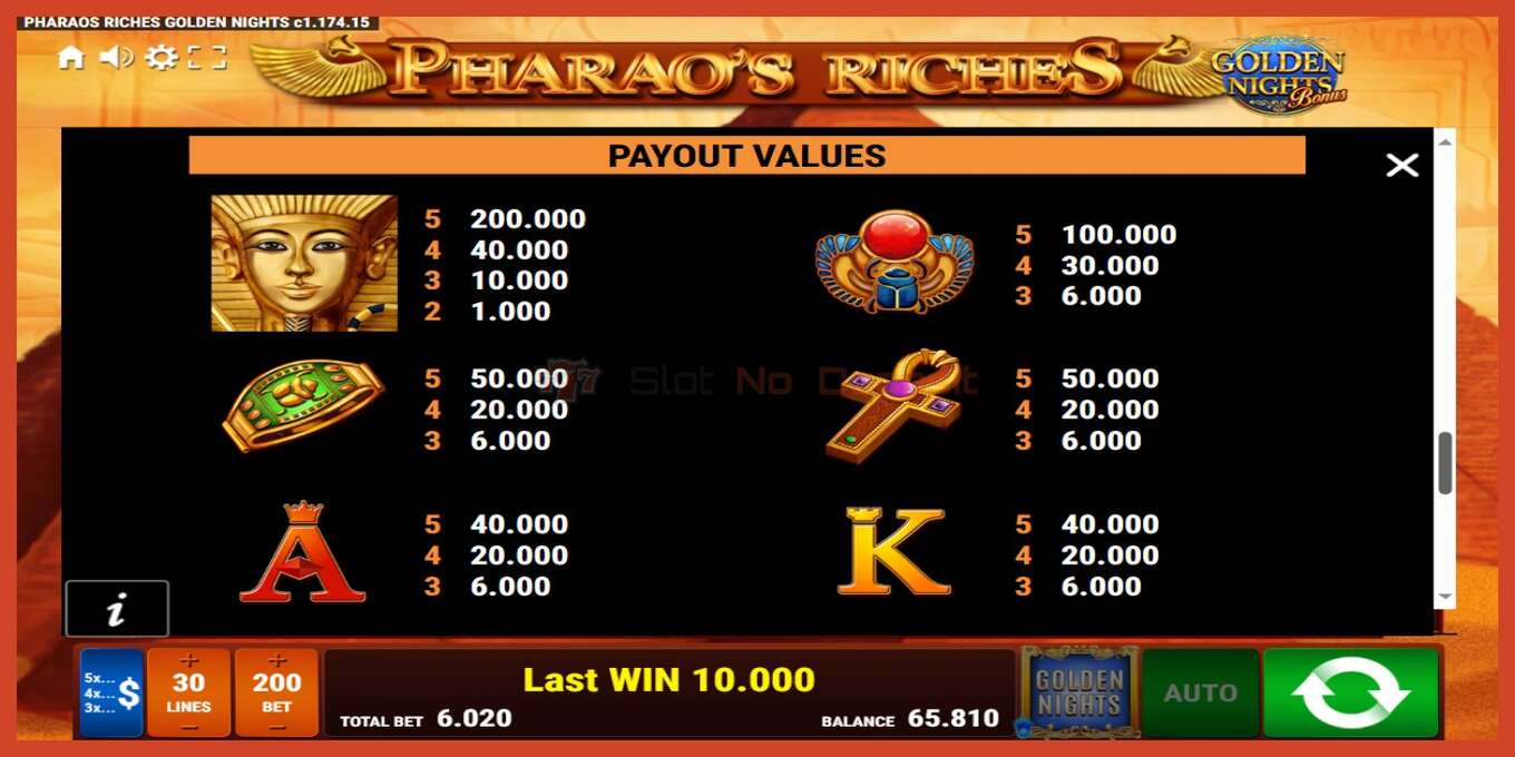 Slot screenshot: Pharaos Riches Golden Nights no deposit, number - 6