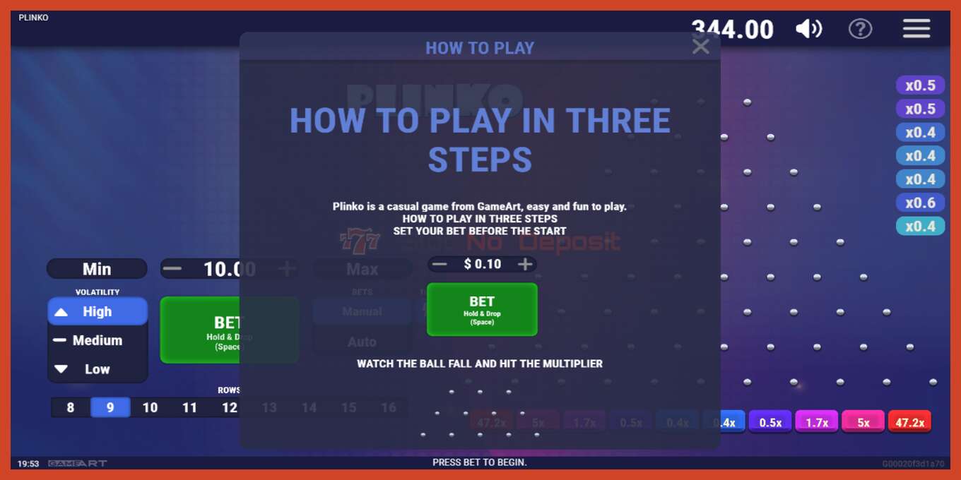 Capture décran de la machine à sous: Plinko pas de dépôt, nombre - 3