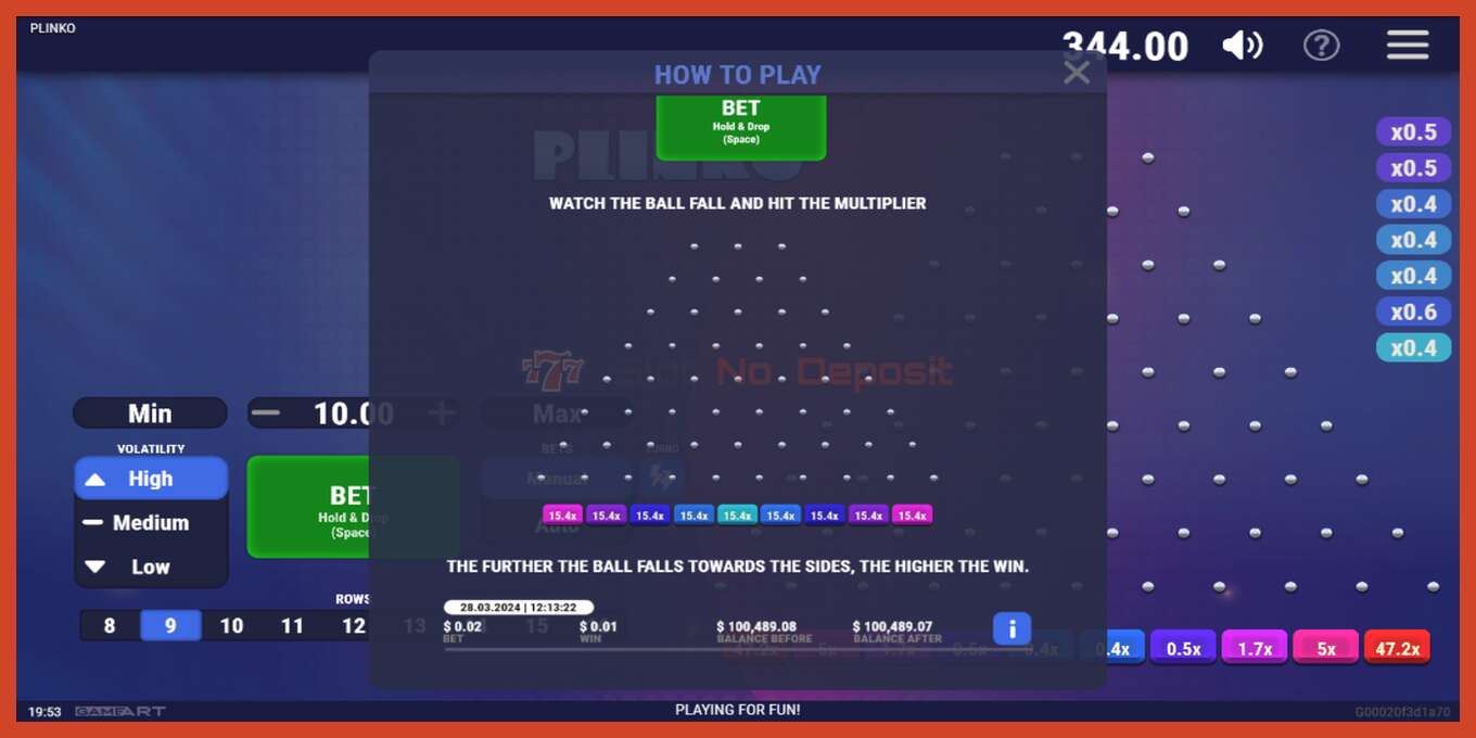 Capture décran de la machine à sous: Plinko pas de dépôt, nombre - 4