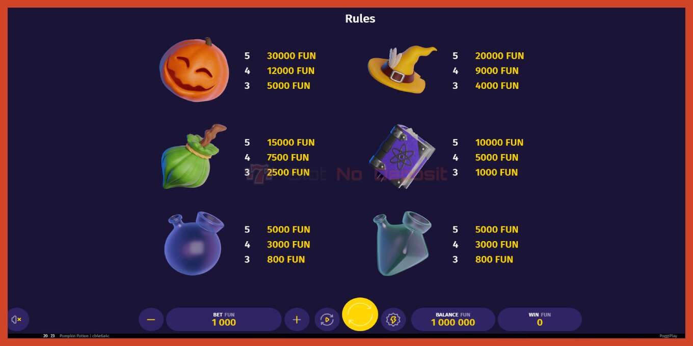 Slot скриншоту: Pumpkin Potion депозит жок, саны - 5