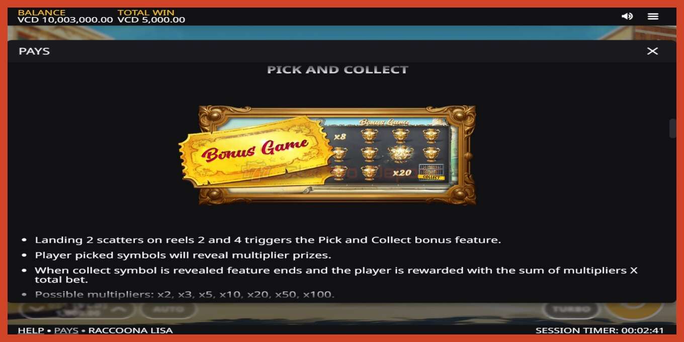 Slot screenshot: Raccoona Lisa no deposit, number - 5