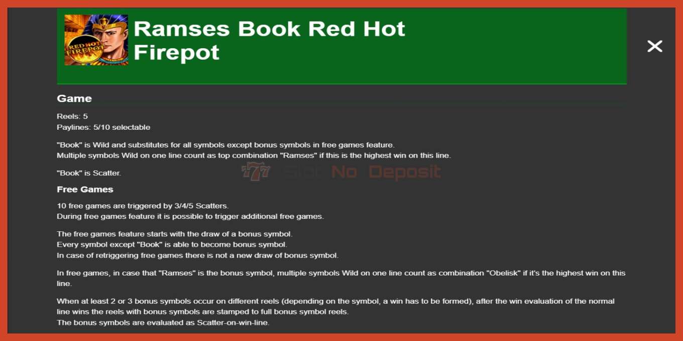 Slot screenshot: Ramses Book Red Hot Firepot no deposit, number - 1