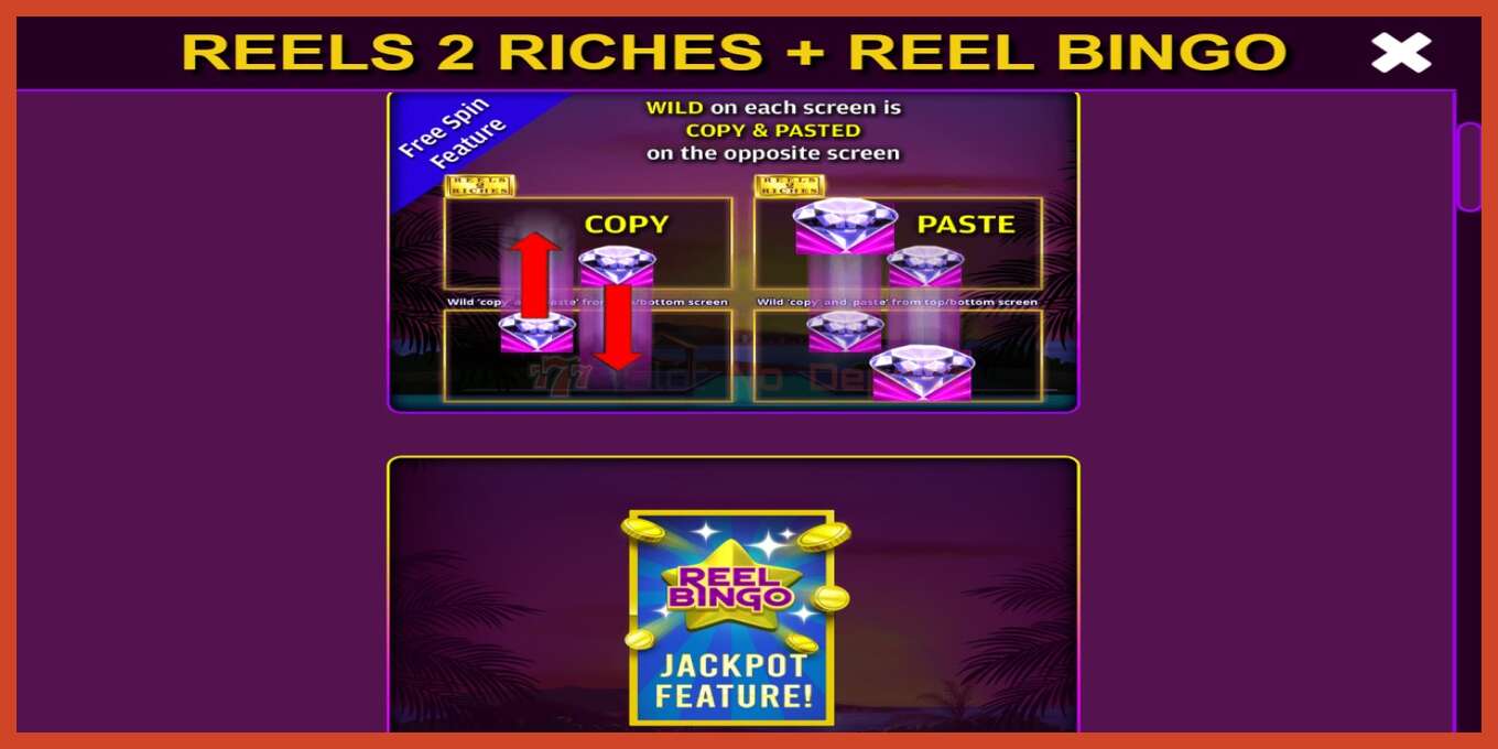 Slot скриншоту: Reels 2 Riches with Reel Bingo депозит жок, саны - 5