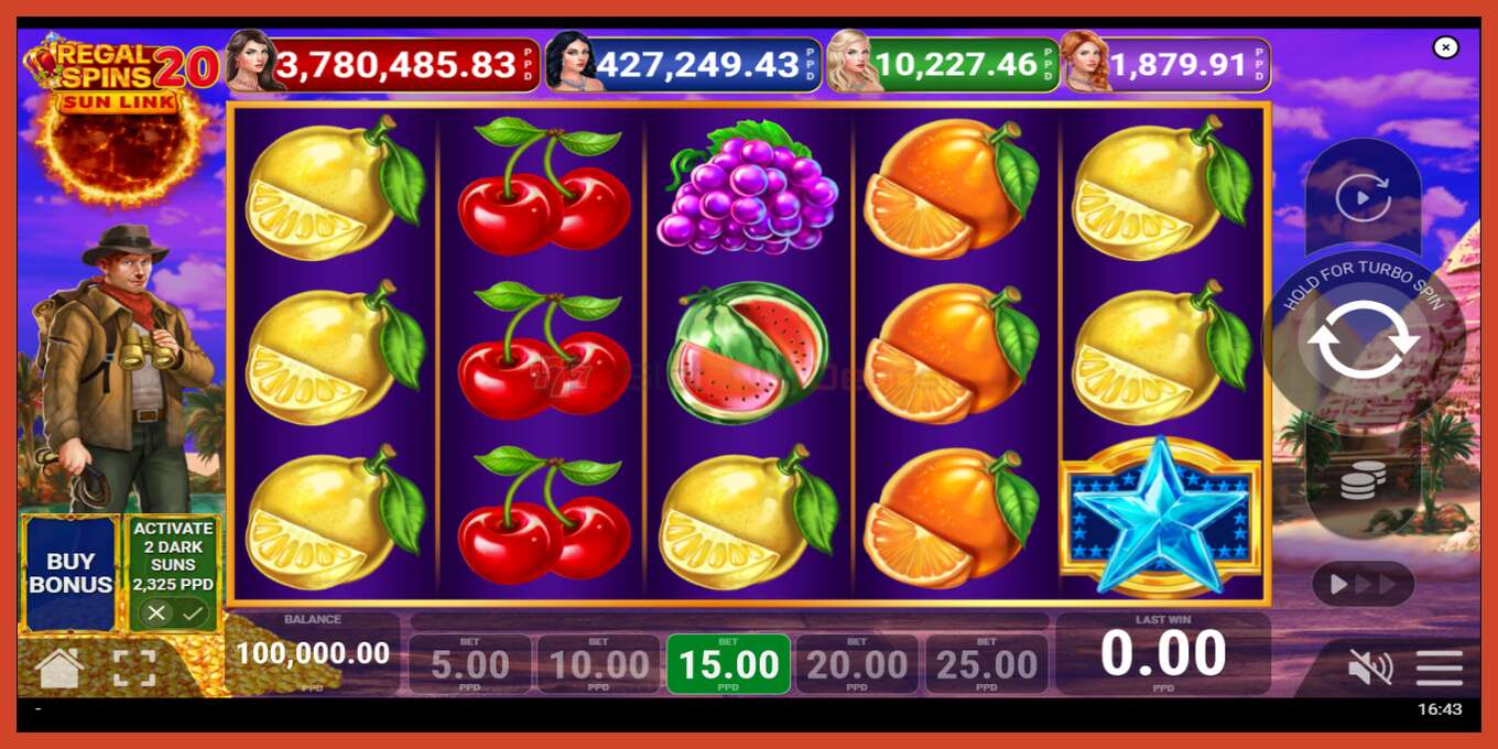 Slot screenshot: Regal Spins 20 Sun Link bez depozita, broj - 1