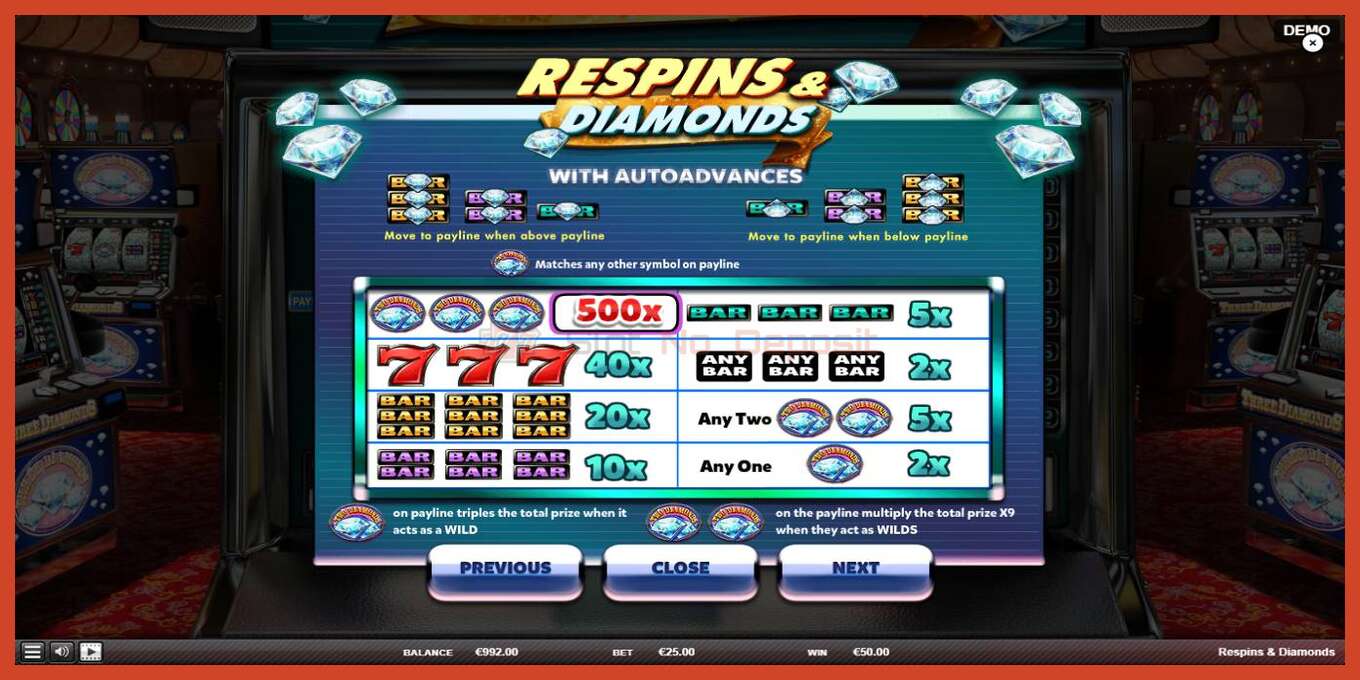 Slot screenshot: Respins Diamonds no deposit, number - 5