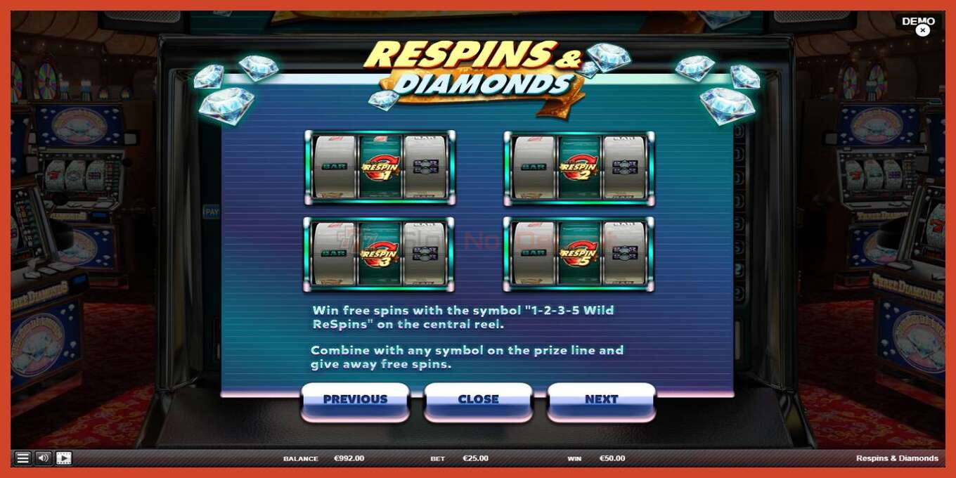 Slot screenshot: Respins Diamonds no deposit, number - 6