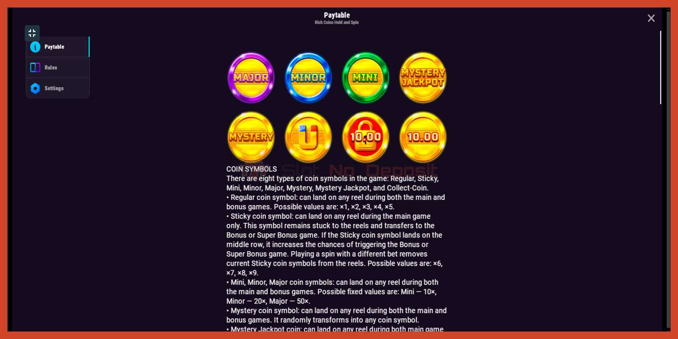 Slot screenshot: Rich Coins Hold and Spin no deposit, number - 6