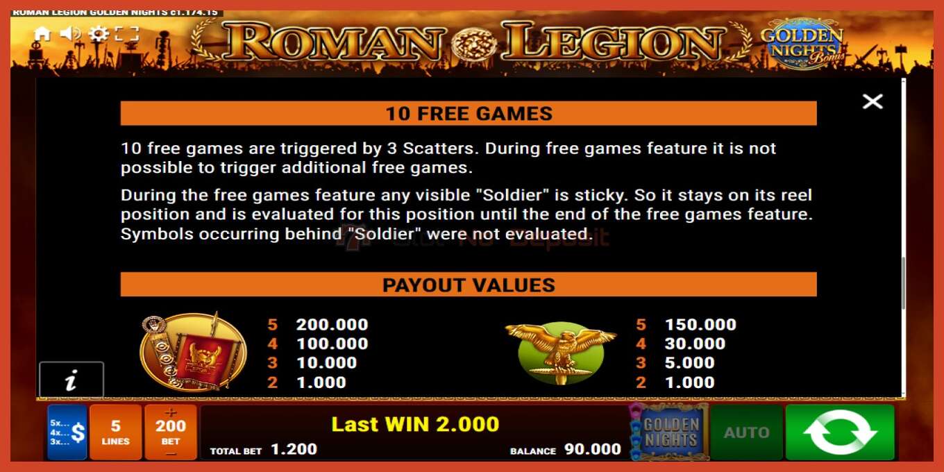 Slot screenshot: Roman Legion Golden Nights no deposit, number - 7