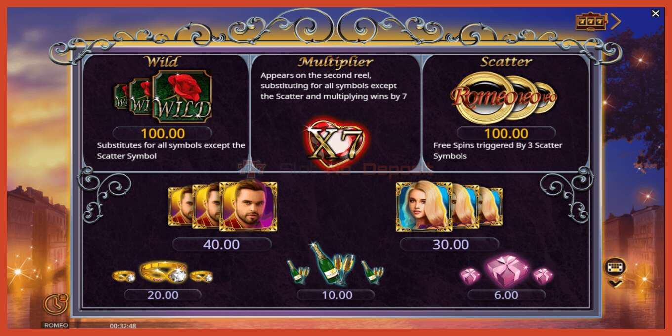 Slot screenshot: Romeo no deposit, number - 5