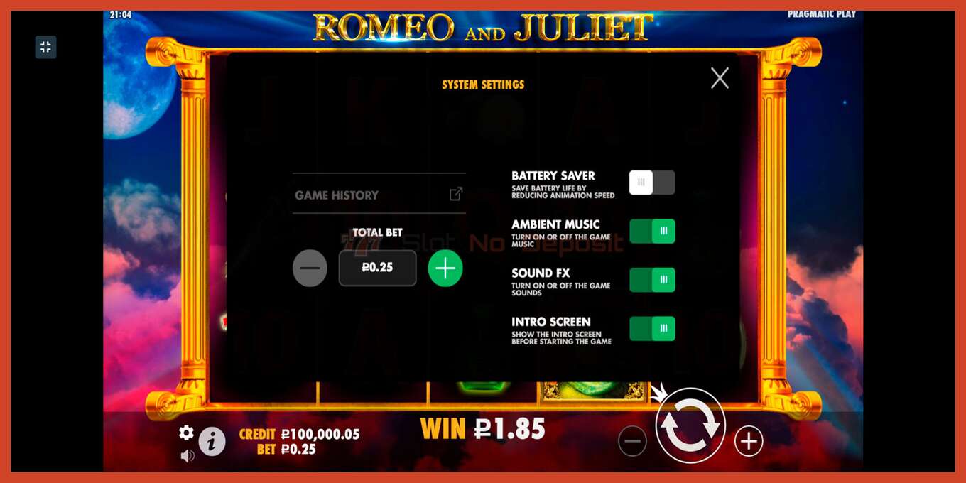 Slot screenshot: Romeo and Juliet no deposit, number - 4