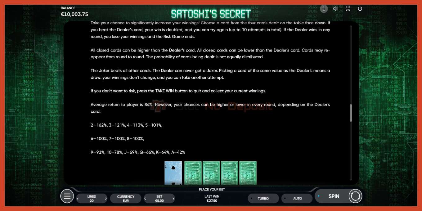 Slot screenshot: Satoshi’s Secret no deposit, number - 6