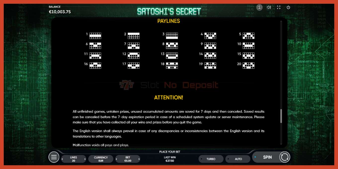 Slot screenshot: Satoshi’s Secret no deposit, number - 7