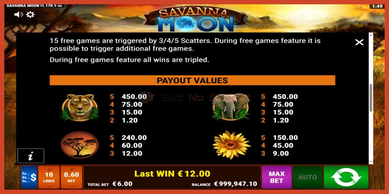 Slot screenshot: Savanna Moon no deposit, number - 6