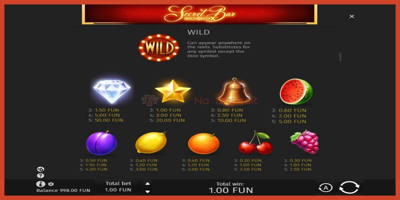 Tangkapan skrin slot: Secret Bar Multidice X tiada deposit, nombor - 5