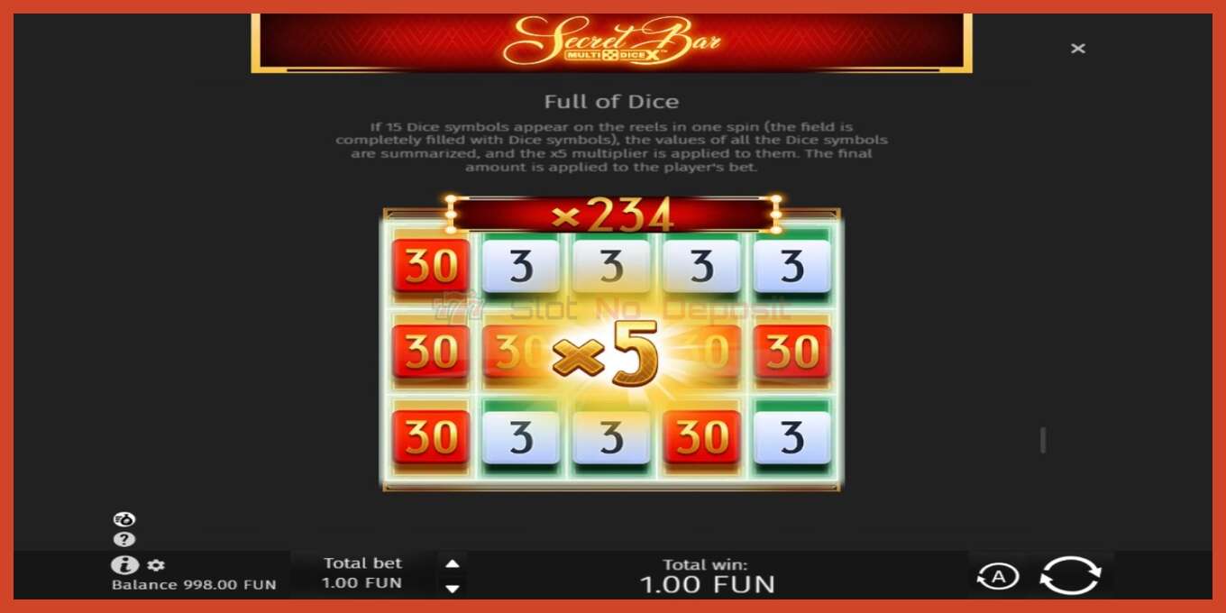 Tangkapan skrin slot: Secret Bar Multidice X tiada deposit, nombor - 7