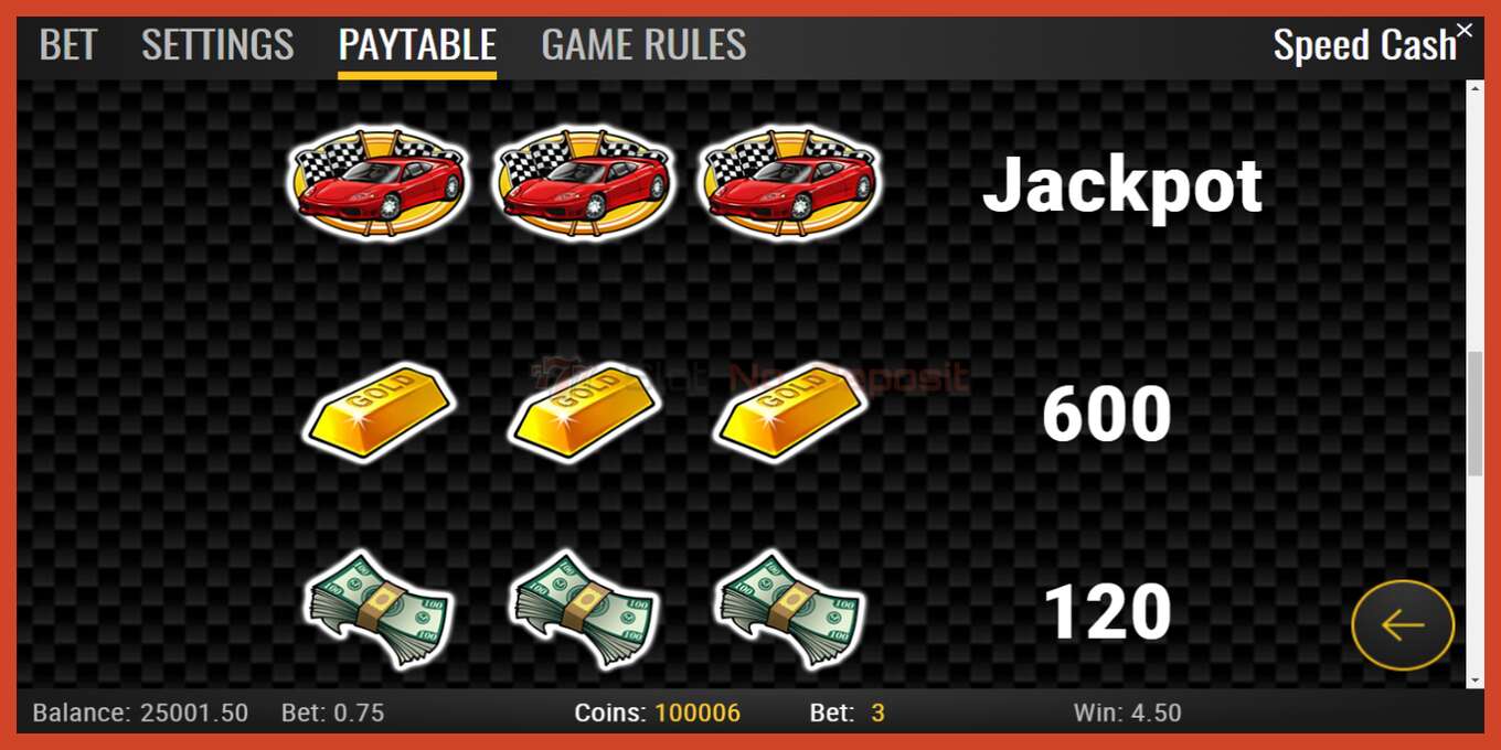 Slot screenshot: Speed Cash no deposit, number - 6