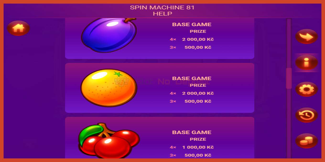 Slotin kuvakaappaus: Spin Machine 81 ei talletusta, määrä - 5