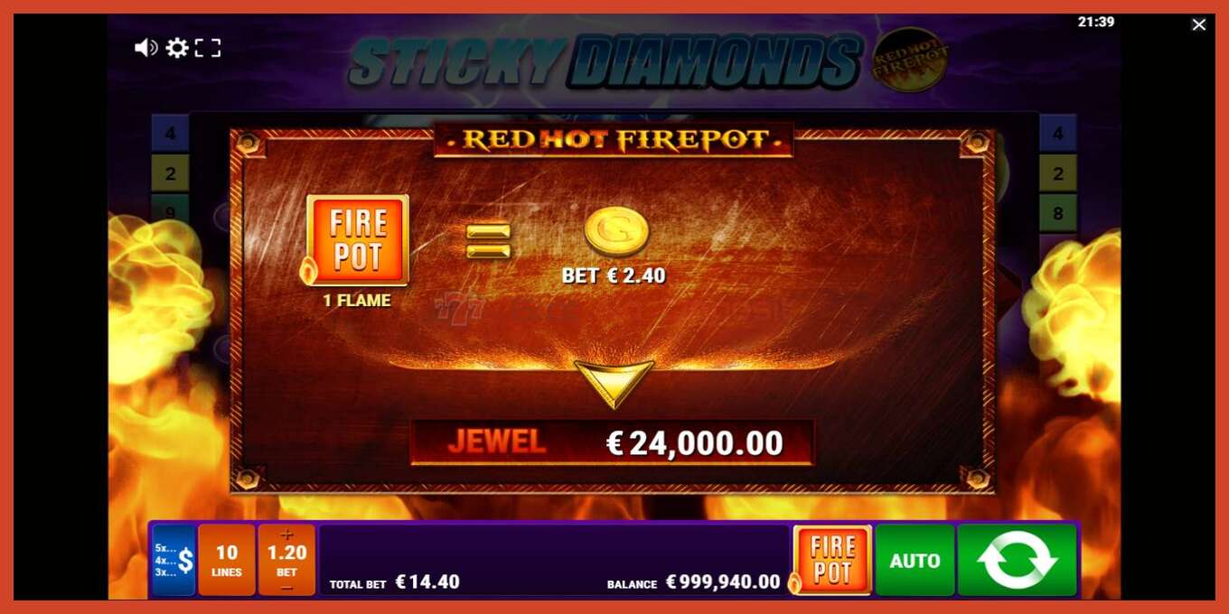 Slot screenshot: Sticky Diamonds Red Hot Firepot no deposit, number - 4