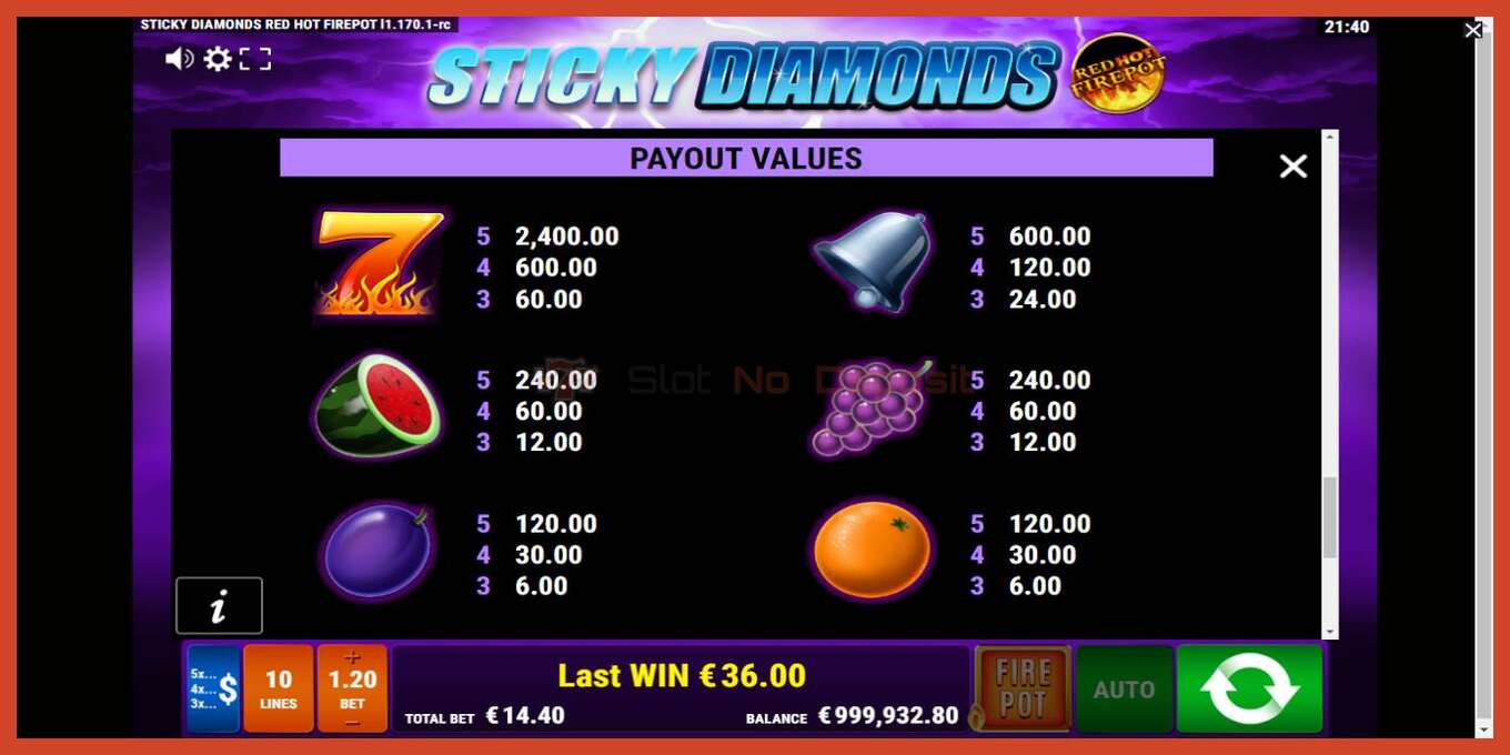 Slot screenshot: Sticky Diamonds Red Hot Firepot no deposit, number - 6