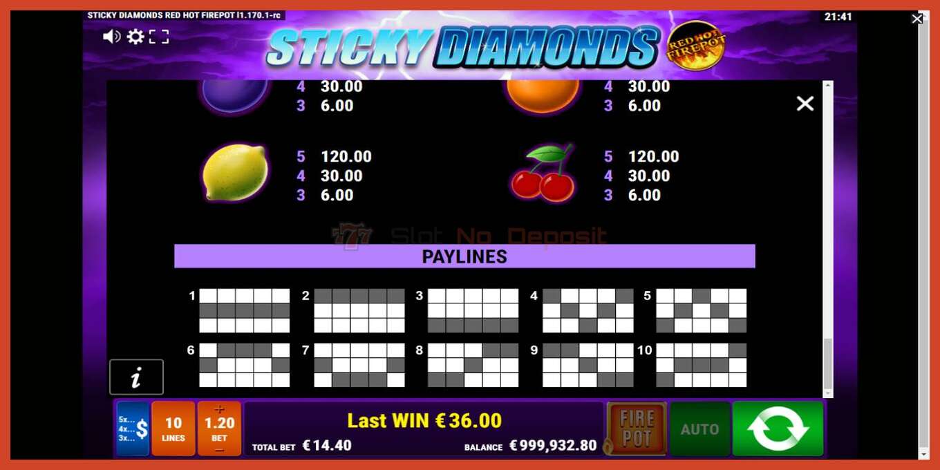 Slot screenshot: Sticky Diamonds Red Hot Firepot no deposit, number - 7