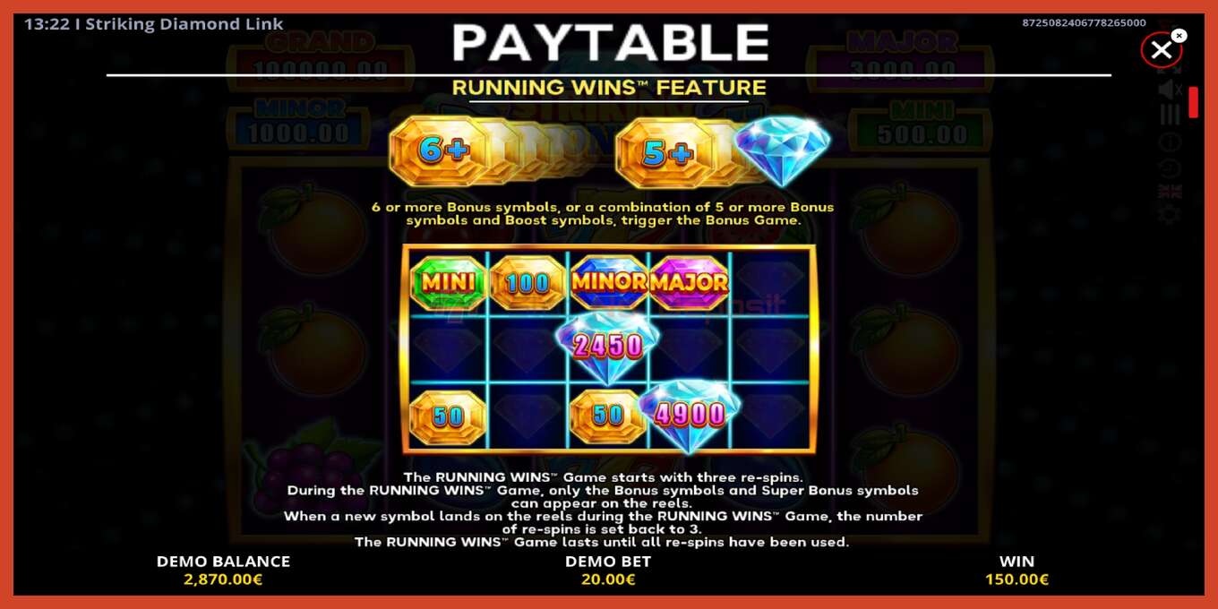 Slot skærmbillede: Striking Diamond Link intet depositum, antal - 5