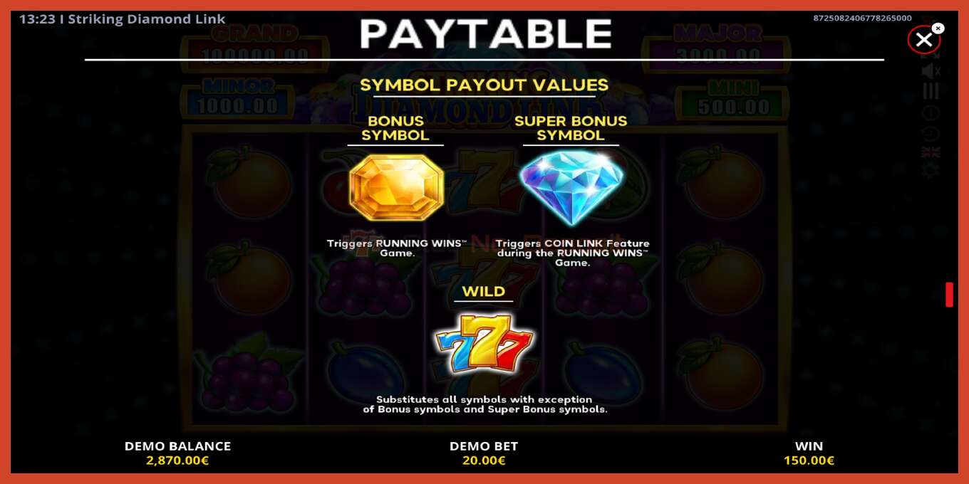 Slot skærmbillede: Striking Diamond Link intet depositum, antal - 6