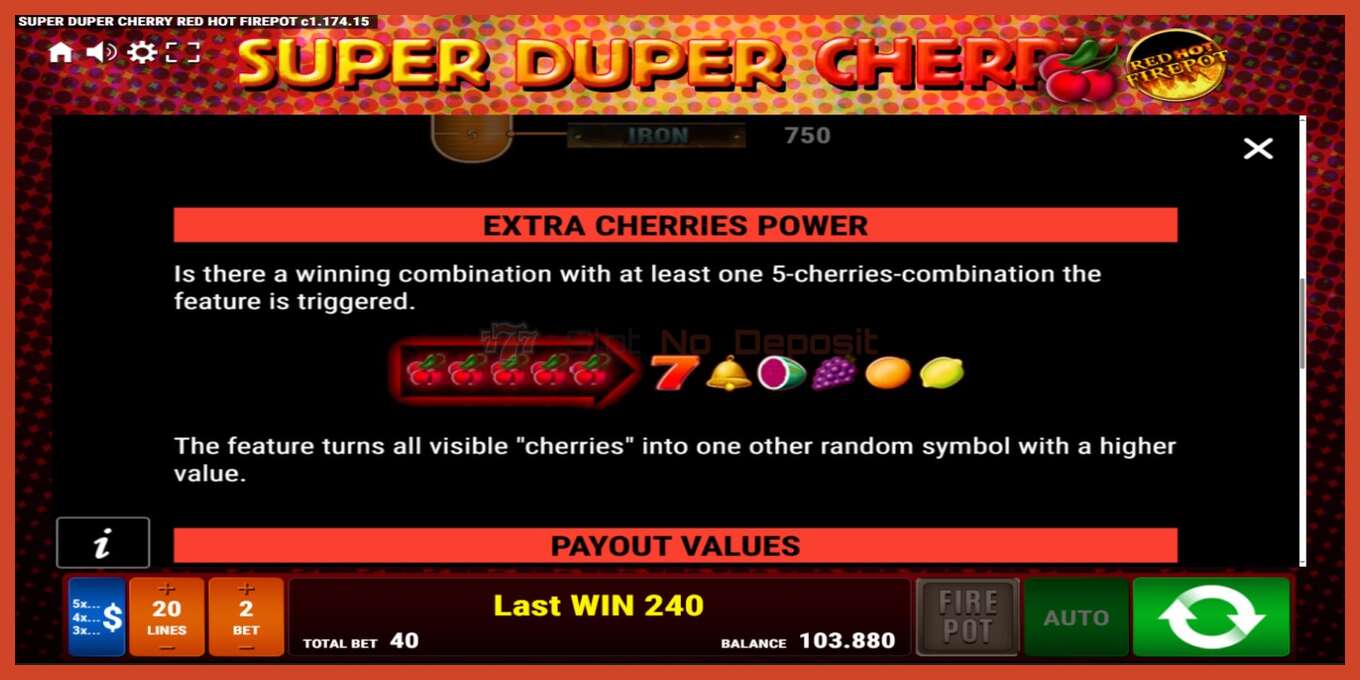 Slot screenshot: Super Duper Cherry Red Hot Firepot no deposit, number - 5