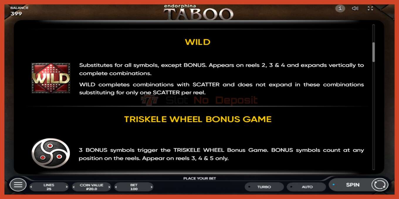 Slot screenshot: Taboo no deposit, number - 5