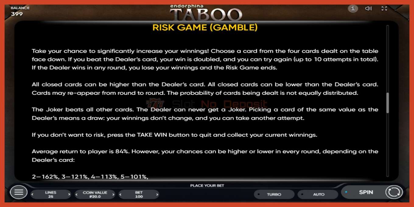 Slot screenshot: Taboo no deposit, number - 7