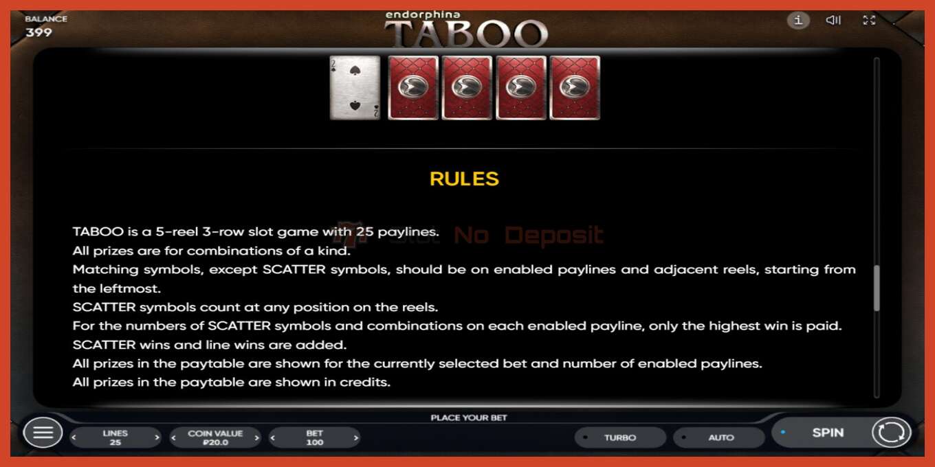 Slot screenshot: Taboo no deposit, number - 8