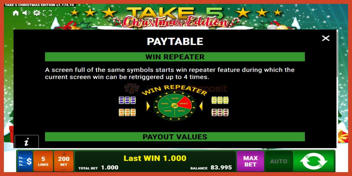 Slot screenshot: Take 5 Christmas Edition no deposit, number - 5