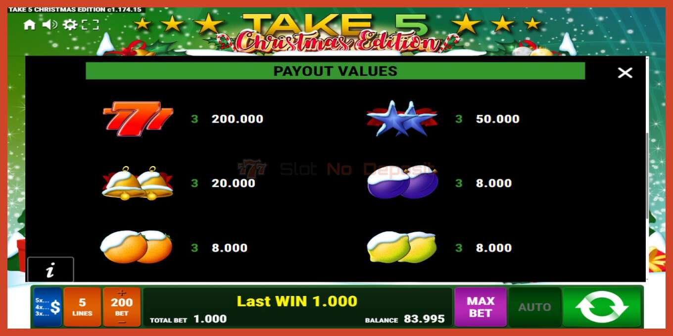 Slot screenshot: Take 5 Christmas Edition no deposit, number - 6