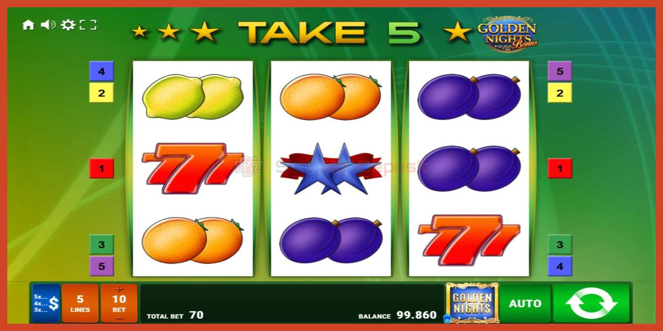 Slot screenshot: Take 5 Golden Nights no deposit, number - 1