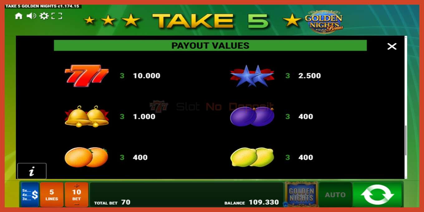 Slot screenshot: Take 5 Golden Nights no deposit, number - 5