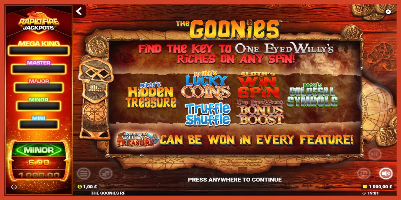 Slot screenshot: The Goonies Deluxe Rapid Fire Jackpots no deposit, number - 1