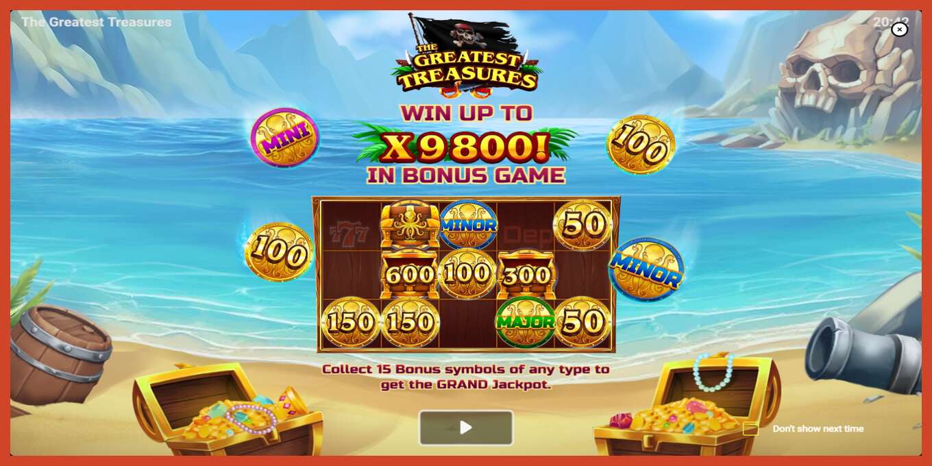 Slot screenshot: The Greatest Treasures no deposit, number - 1