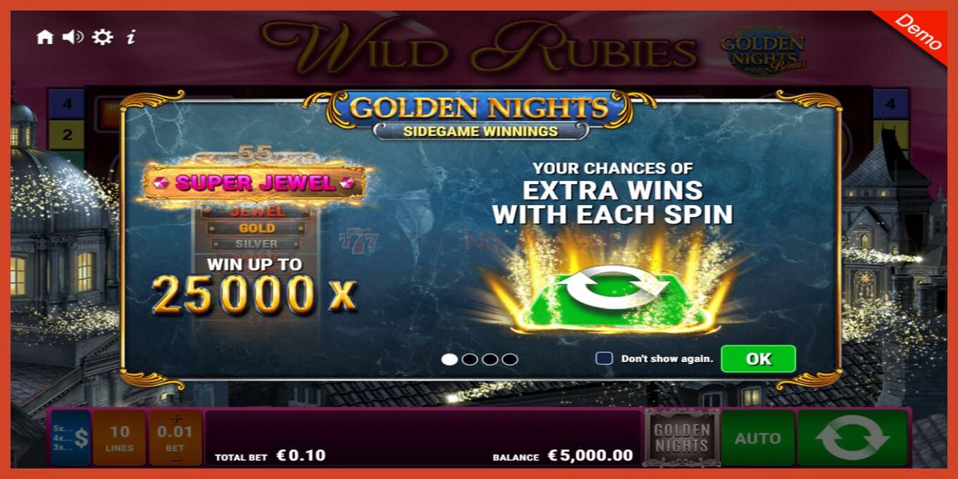 Slot screenshot: Wild Rubies Golden Nights no deposit, number - 1