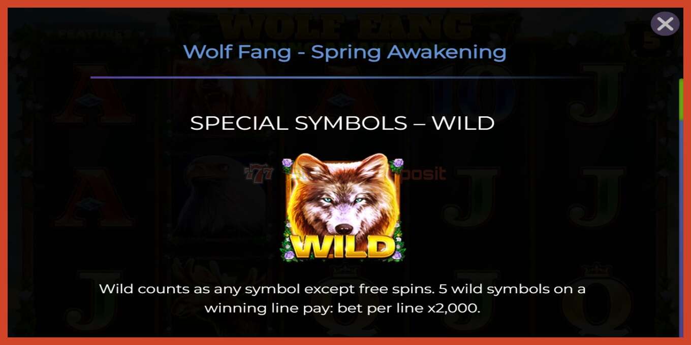 Slot скриншоту: Wolf Fang - Spring Awakening депозит жок, саны - 4